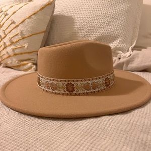 Boho Tan Hat-Stiff Brimmed - Woman’s- NEVER WORN and ADJUSTABLE SIZE